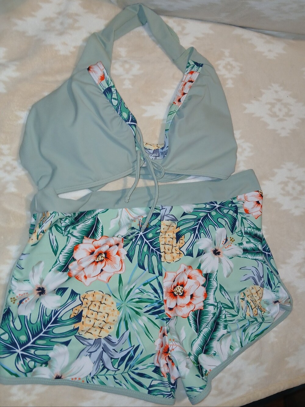Womans Size XXL Floral Pineapple Mint Halter Swim Top and Shorts Set